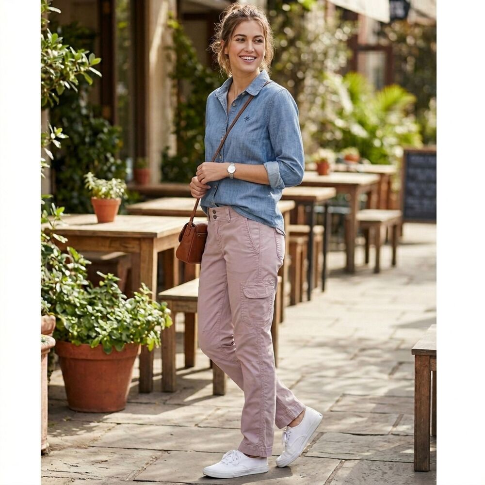 Eddie Bauer Women's Pink Cargo Pants Size 14 Straight Leg 100% Cotton